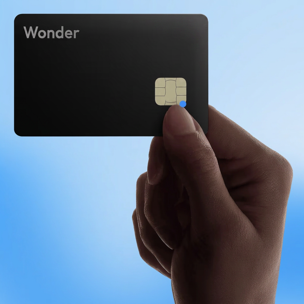Hand holding a black Wonder metal card