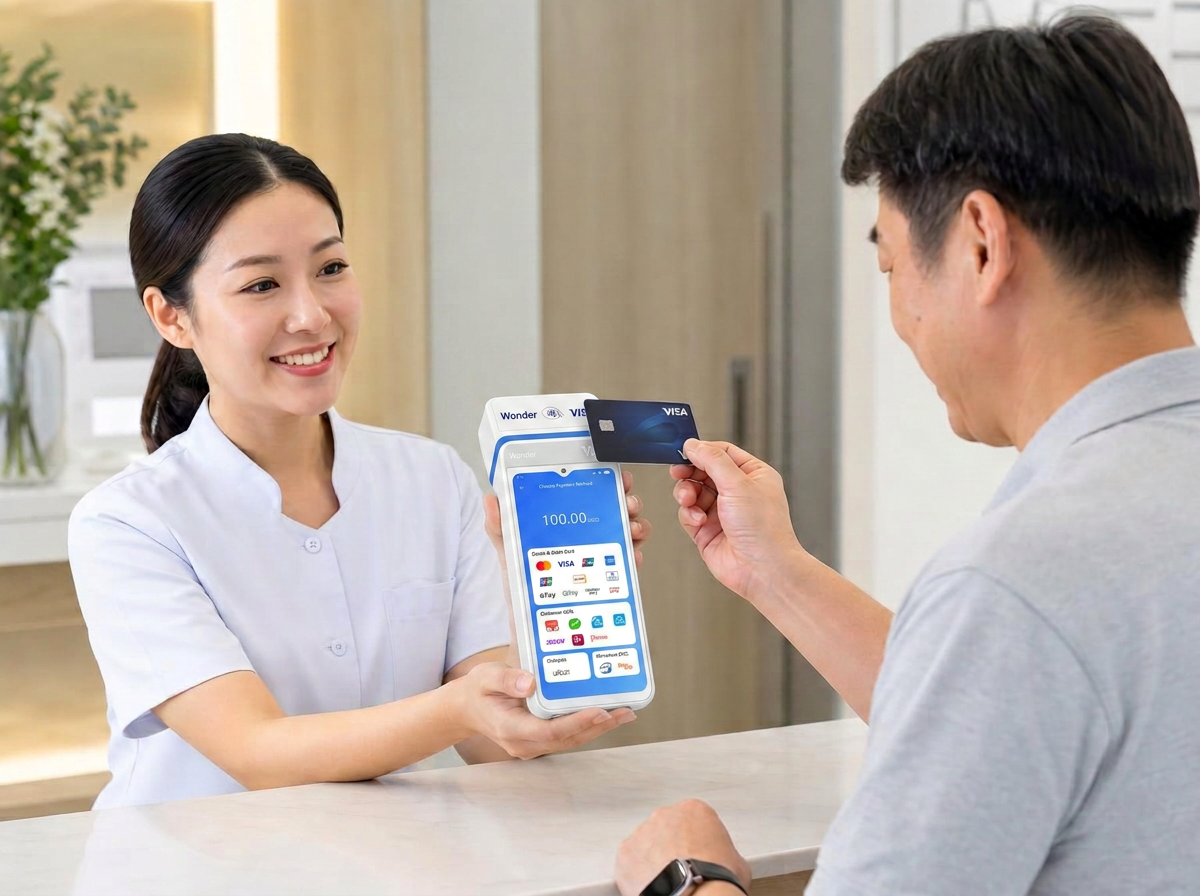 A clinic receptionist offering a Wonder Terminal to a patient paying by credit card