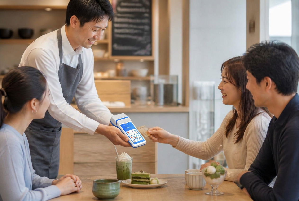 Cafe staff offering a white Wonder Terminal to seated guests paying by card at a dessert cafe
